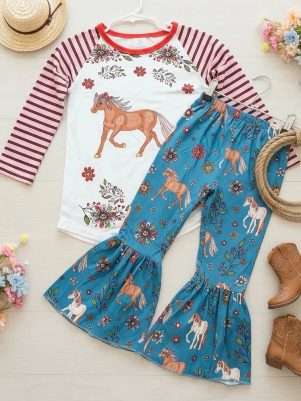 Girls Horse Floral Ruffle Pants Set - Teal & Rust